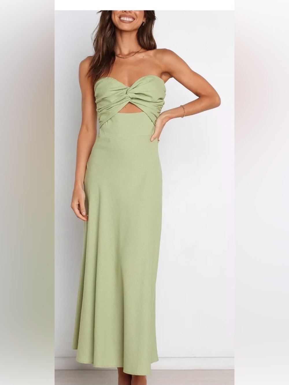 Petal & Pup Rosetta dress Sage Green Strapless Twist Maxi Dress